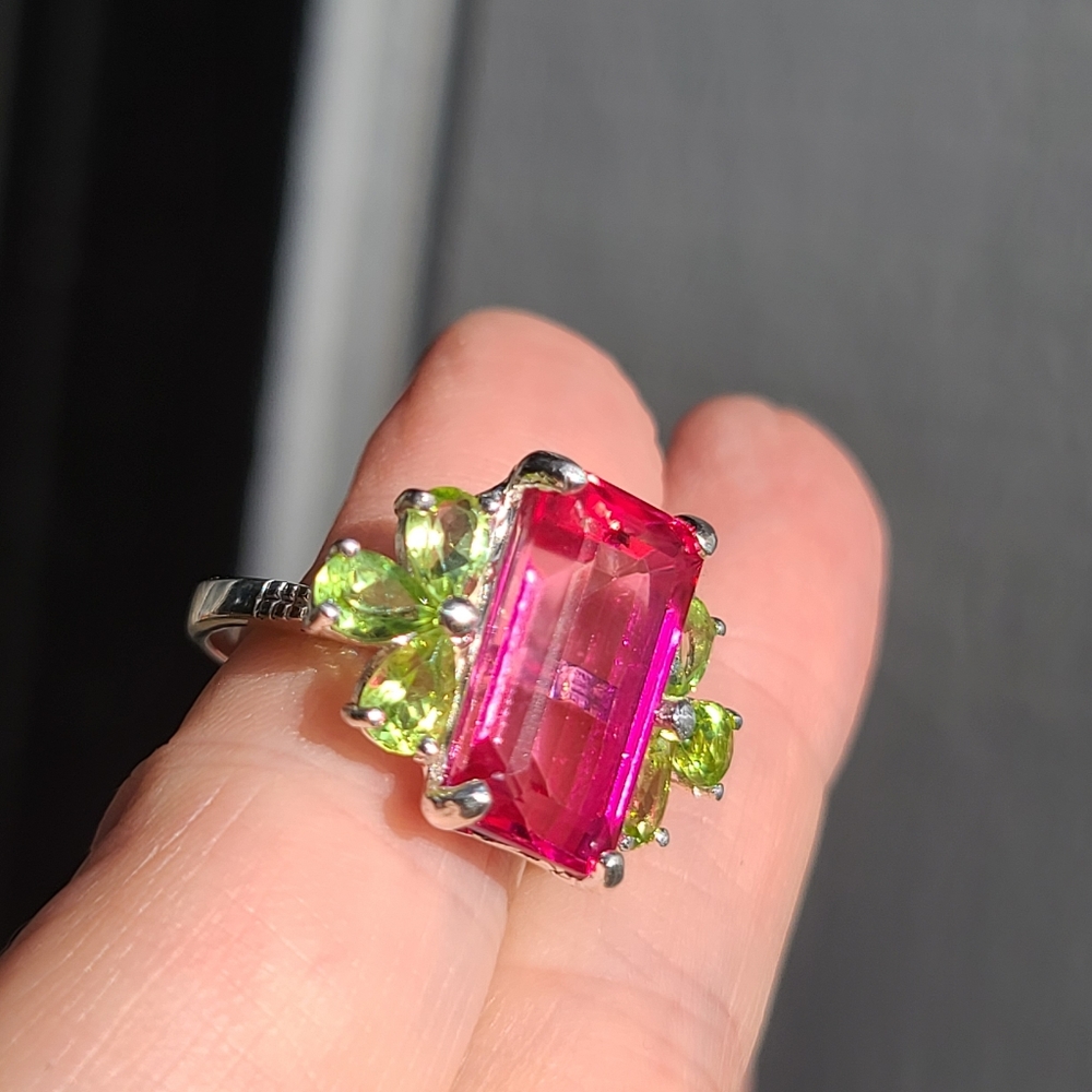 Pink Topaz massive 8k emerald cut with pear shape Peridot sterling ring sz 8 - Picture 12 of 17